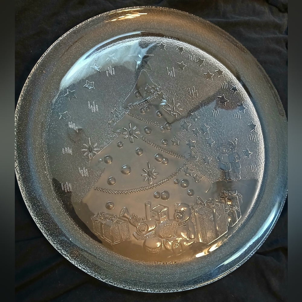 Clear Etched Glass Christmas Platter — 13" Tree, Presents & Teddy Bear — Holiday